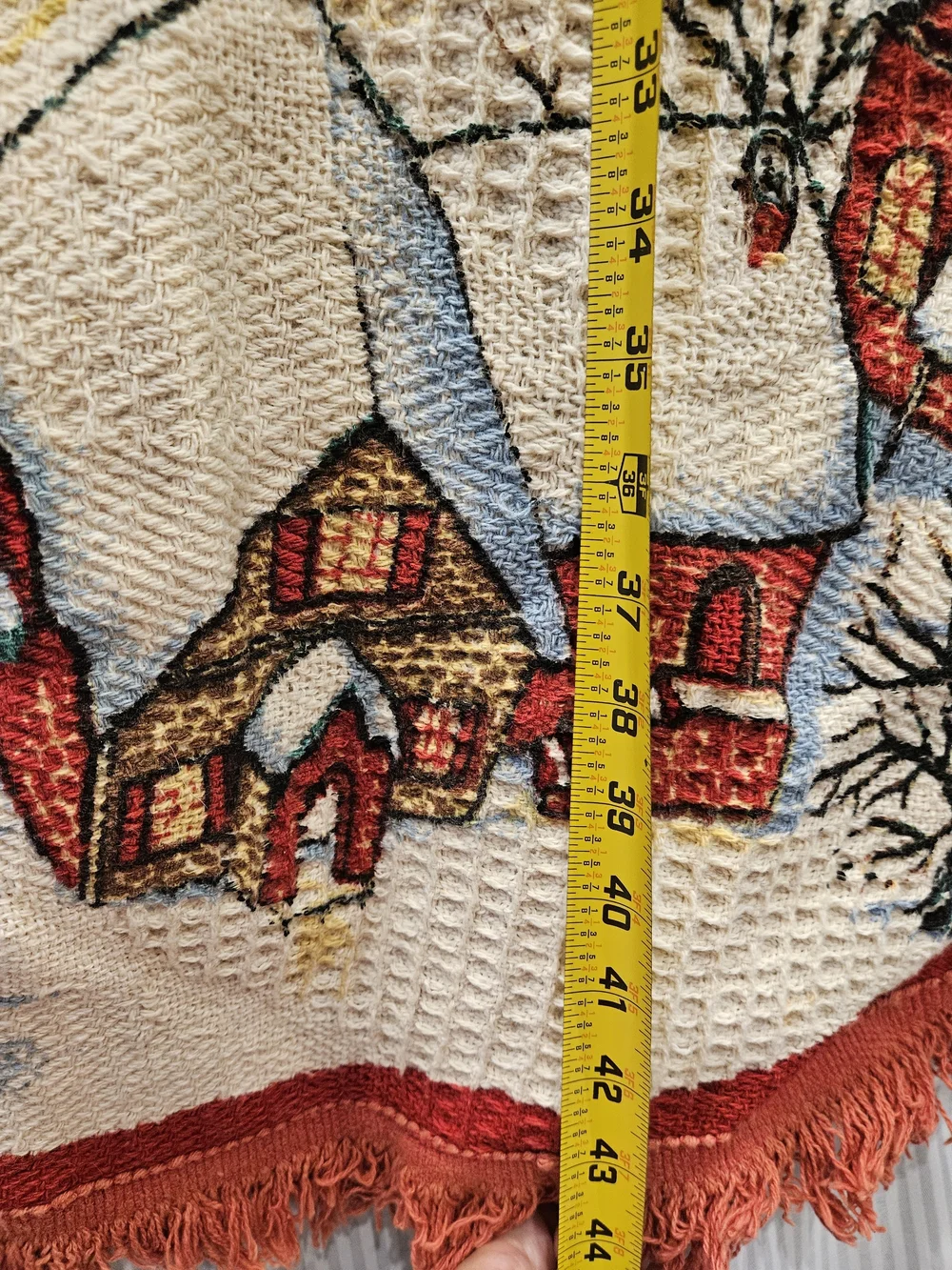 Vintage-Style Red Holiday Tree Skirt w/ Winter Village Scene Waffle Knot Fringe